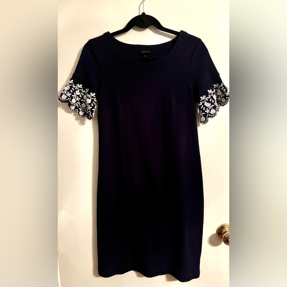 Talbots Deep Navy Dress and White Embroidered Flared Short Sleeve‎ Shift Dress-S